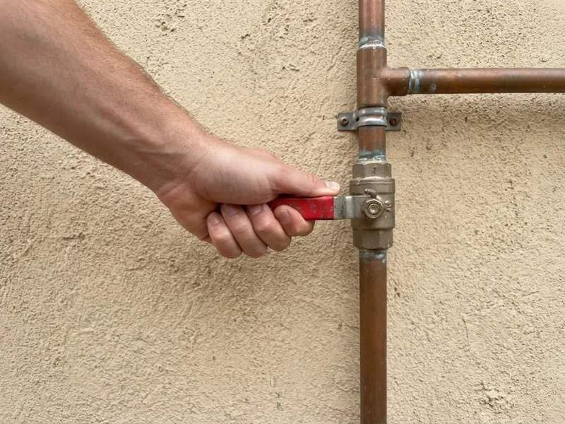 Hand turning the main water shutoff valve on the front wall of a house during a plumbing emergency