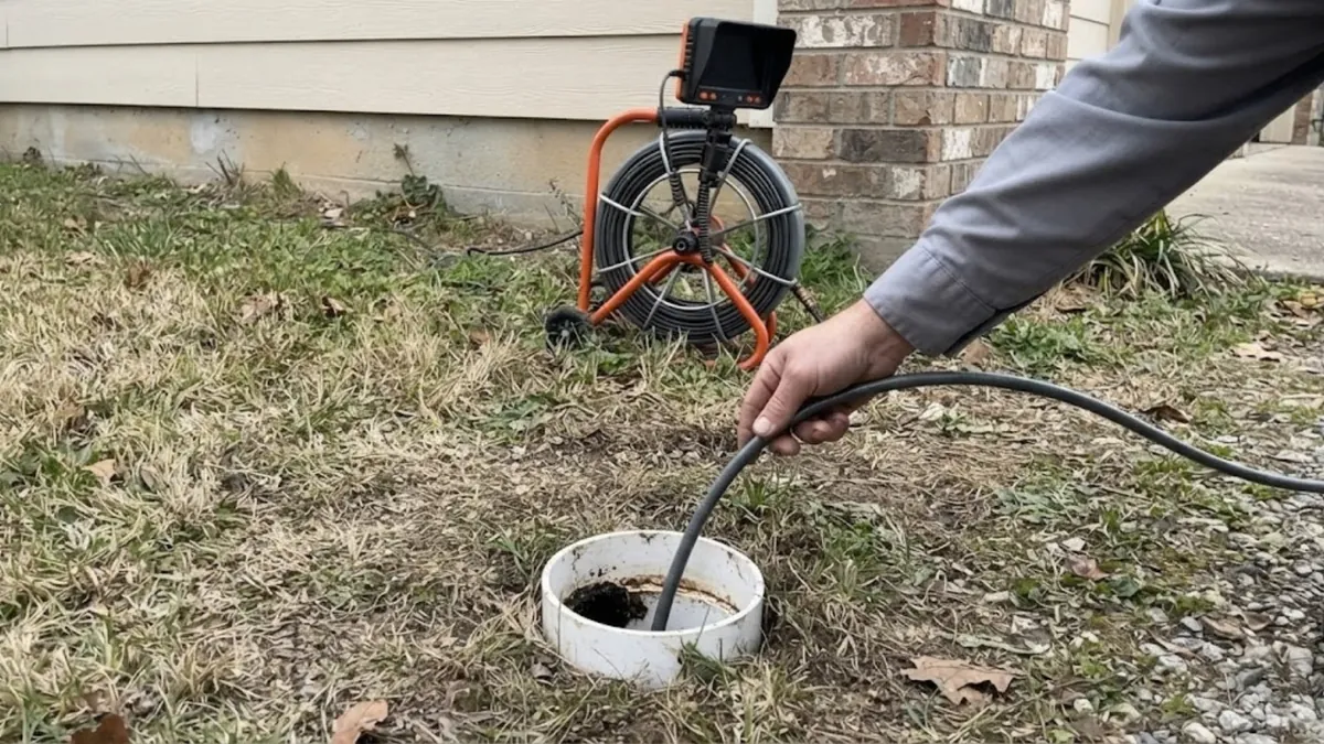 Sewer camera cable entering a home cleanout during a pre-purchase sewer scope